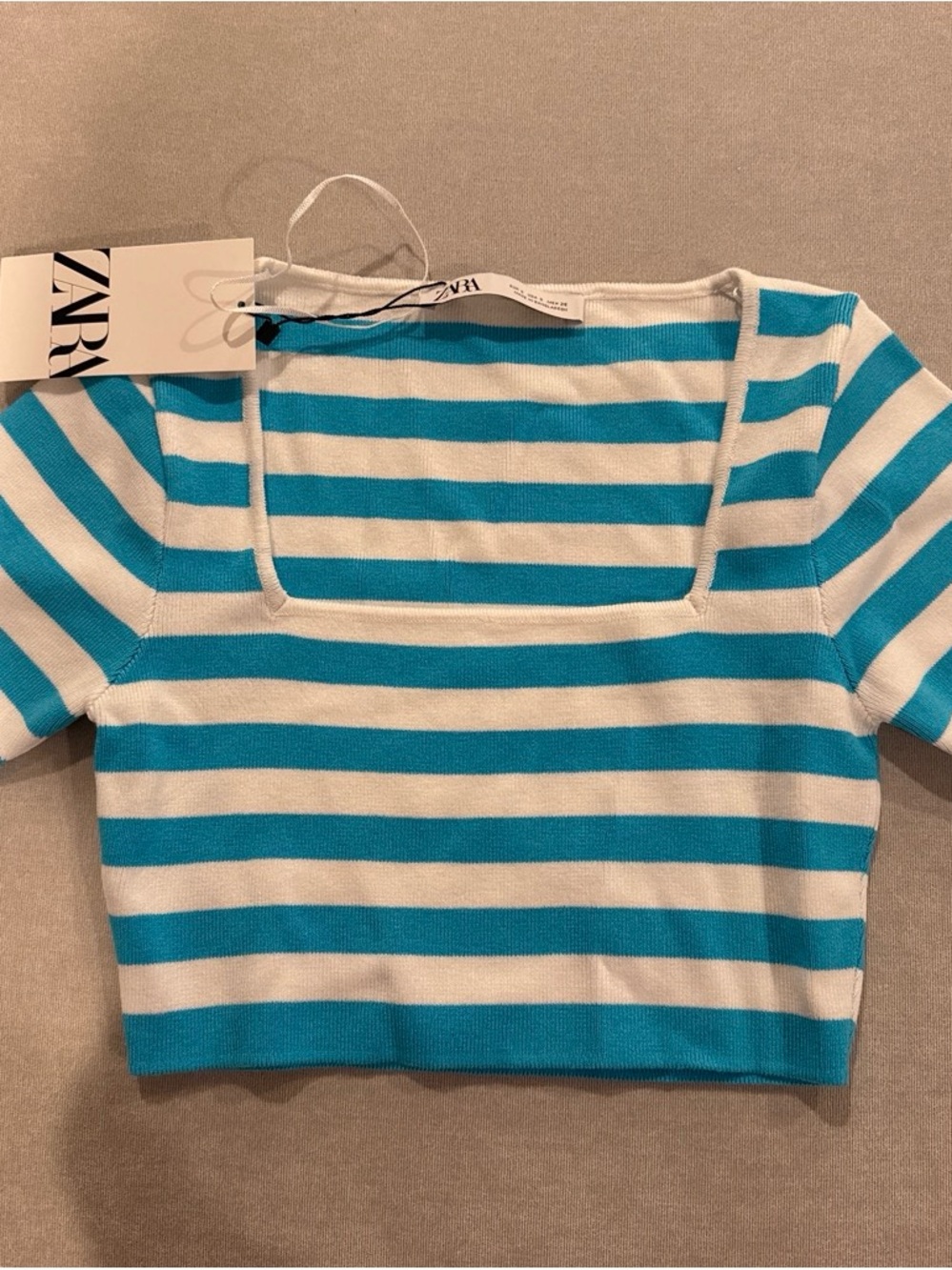ZARA Turquoise & White Striped Square-Neck Crop Top